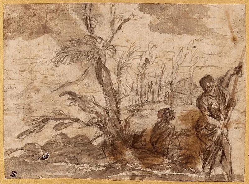 Due figure in un paesaggio lacustre